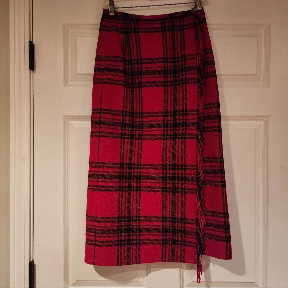 Eddie Bauer vintage wool red and black plaid pencil midi skirt 4P